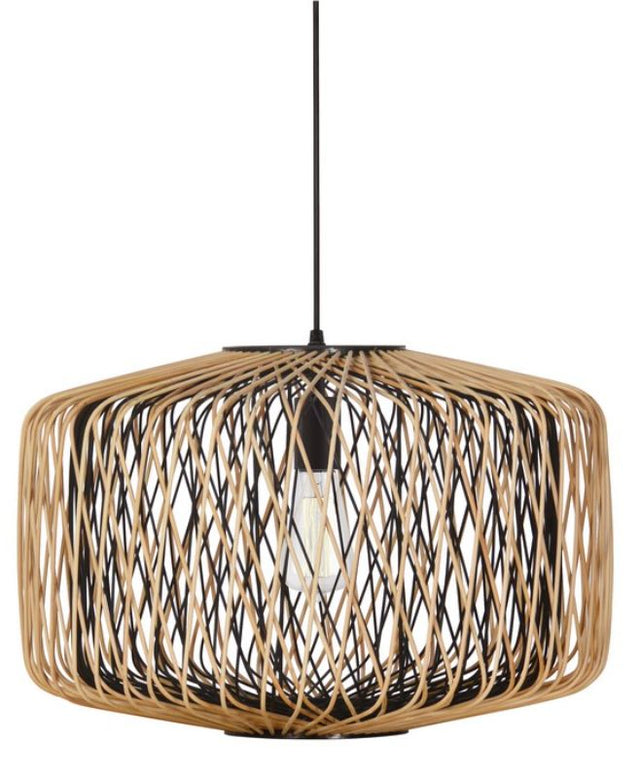 Elegant 41cm rattan hanging pendant light featuring a striking two-layer design in black and natural woven rattan.