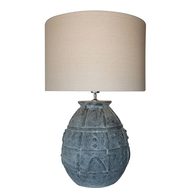 Grey terracotta lamp with natural linen shade, stylish and elegant, ideal for various interiors, dimensions 500x500x780 mm.