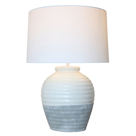 Elegant White/Grey Terracotta Lamp with white cotton shade, perfect for adding warmth and style to any room.