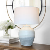 Elegant White/Grey Terracotta Lamp with white cotton shade, perfect for creating a warm ambiance in any room.