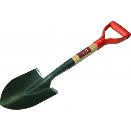 Round mouth shovel with wooden handle, perfect for gardening, camping, and digging in tight spaces; lightweight yet durable.