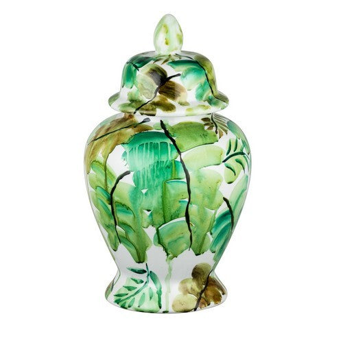 Green Leaves Ceramic Jar with Lid featuring vibrant watercolor foliage, perfect for storage or as a unique vase.