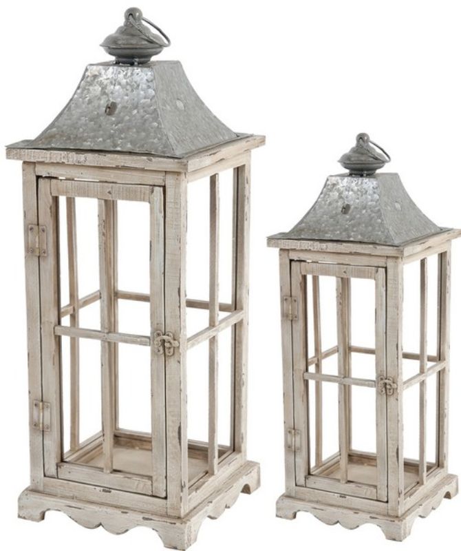 Elegant set of 2 enclosed lanterns with handle, crafted from fir wood and glass, perfect for indoor and outdoor ambiance.