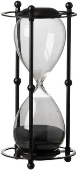 Elegant black hourglass in iron stand, 15.8x15.8x33cm, perfect for home or office decor, blending classic and modern styles.