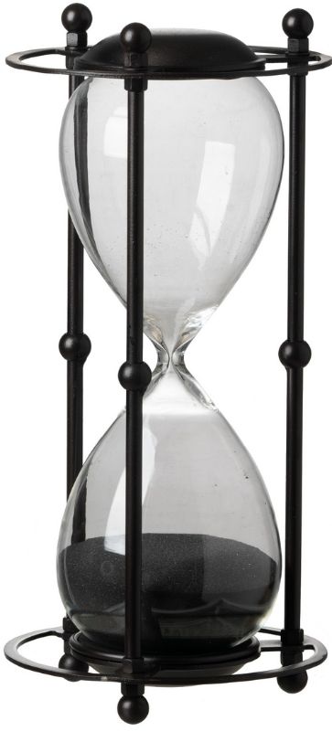 Elegant black hourglass in iron stand, 15.8x15.8x33cm, perfect for home or office decor, blending classic and modern styles.