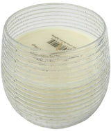 Elegant gold foil holder with horizontal ribbed design, 12.7cm scented soy candle emitting Earl Grey fragrance.