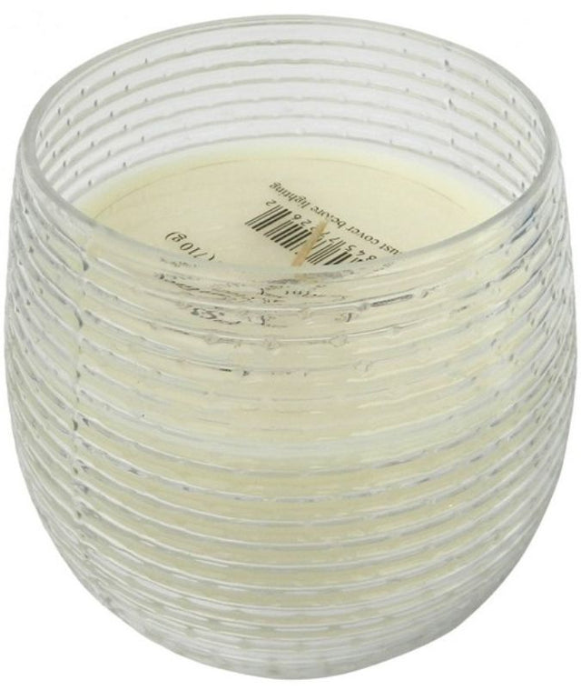 Elegant gold foil holder with horizontal ribbed design, 12.7cm scented soy candle emitting Earl Grey fragrance.