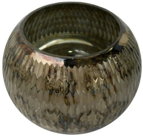 Stylish glass candle holder with geometric metallic pattern, perfect for showcasing tealights in any decor setting.