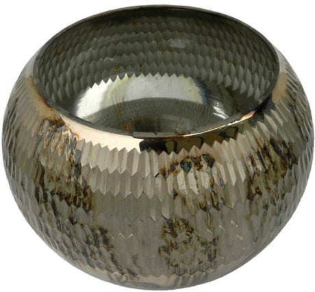 Stylish round glass candle holder with geometric metallic pattern, perfect for tealights and enhancing home decor.
