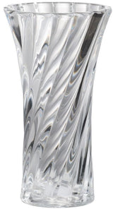 Elegant 11x11x20 glass vase with a curved column silhouette, flared opening, and spiral pattern, ideal for floral arrangements.