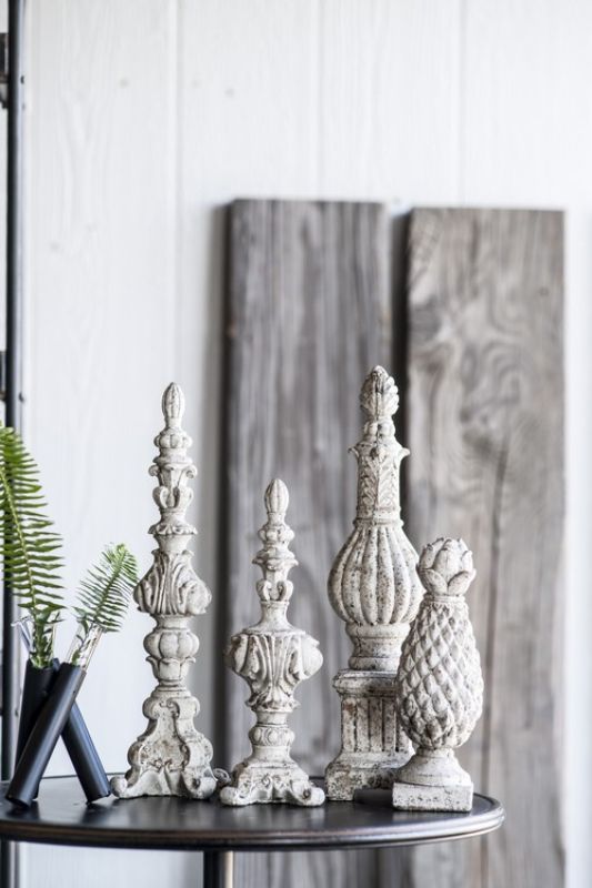 Danna Finial Accent, 46cm tall decorative piece in weathered white, blends classic design with durability for indoor/outdoor use.