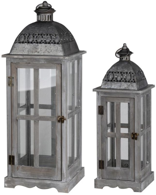Set of 2 grey-finished urban lanterns, combining wood, metal, and glass for stylish indoor/outdoor decor.