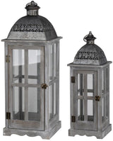 Set of 2 grey-finished urban lanterns, combining wood, metal, and glass for stylish indoor/outdoor decor.