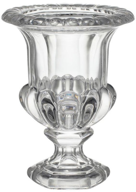 Elegant large crystal urn vase with ornate curvaceous design, perfect for flowers or as a stunning standalone decor piece.