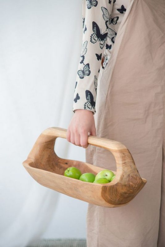 Teak rectangular tray with handle, 38.5cm, showcasing unique wood grain, ideal for serving or display.