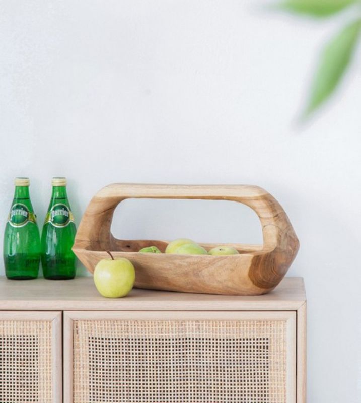 Teak rectangular tray with handle, showcasing natural wood grain, ideal for serving or decorative displays. Measures 38.5cm.