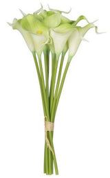 Lush green 9-piece artificial Calla Lily bunch, perfect for elegant home decor and versatile styling in any vase.