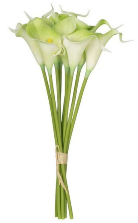 Lush green 9-piece artificial Calla Lily bunch, perfect for elegant home decor and versatile styling in any vase.
