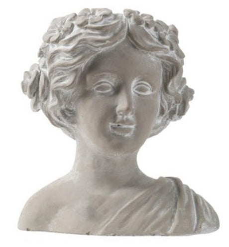 Whitewash stone bust planter featuring floral wreath and toga, perfect for displaying trailing plants indoors or outdoors.