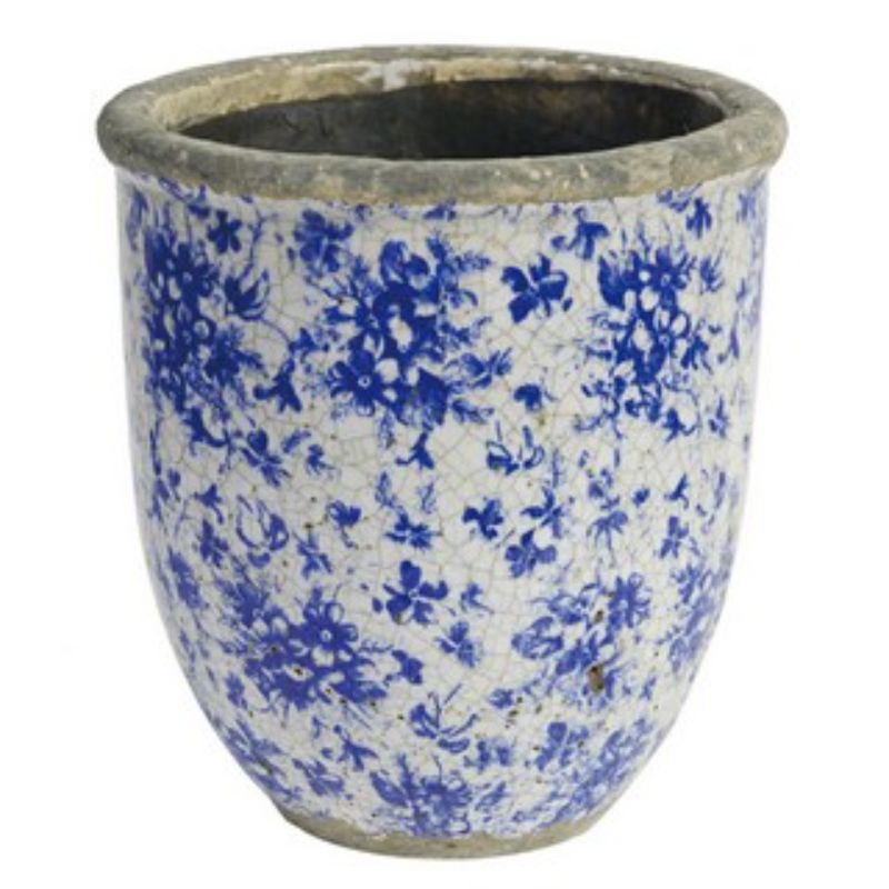 Lilibeth Planter (23cm) in blue and white with a charming crackled finish, perfect for showcasing houseplants indoors or outdoors.