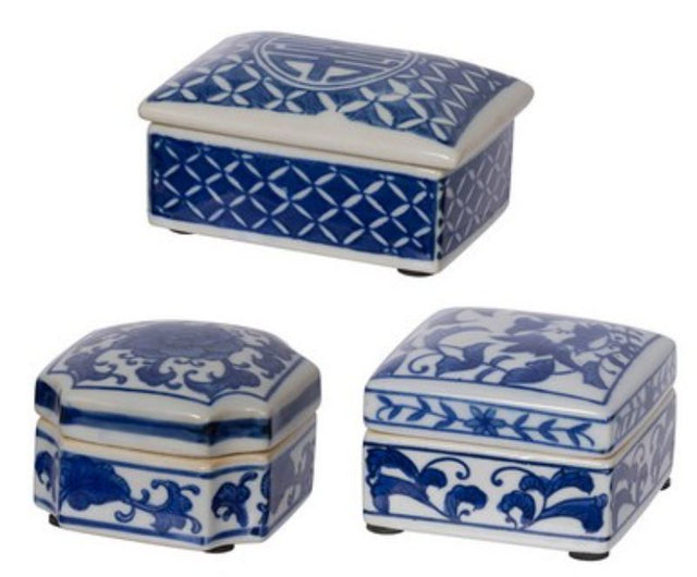 Set of 3 elegant blue and white porcelain decorative boxes for stylish organization of jewelry and trinkets.