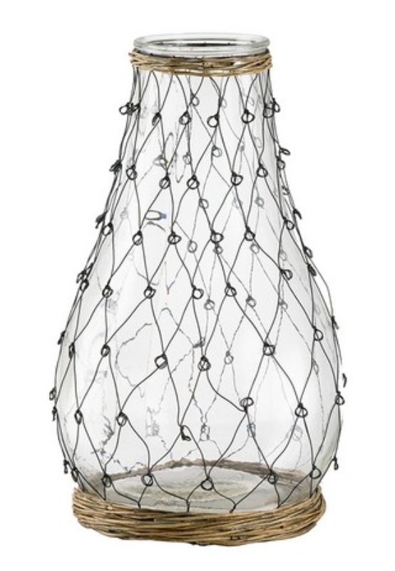 Large teardrop-shaped Coastal Vase (46cm) in clear glass, wrapped in black metal wire with willow accents for a modern rustic charm.