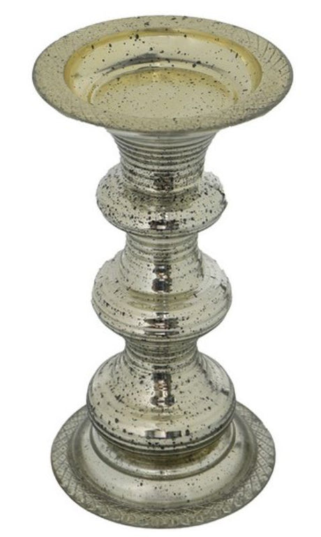 Elegant 30cm antiqued silver glass pillar candle holder with ribbed detailing, perfect for enhancing home decor.