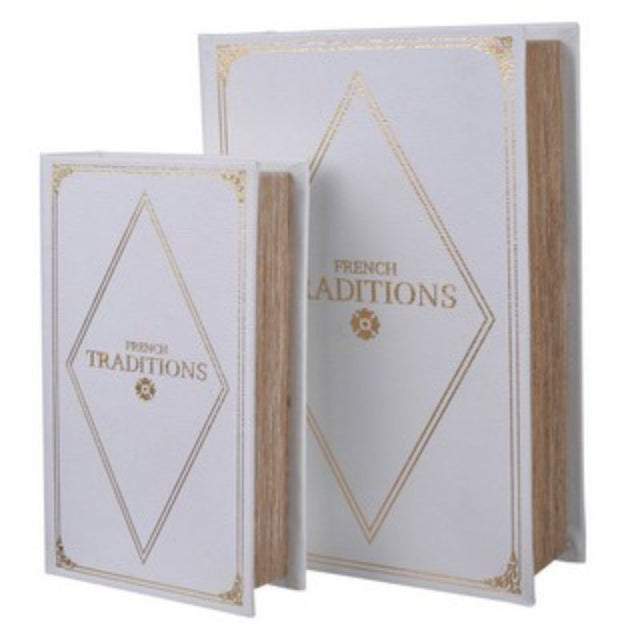 Stylish white and gold faux leather book boxes for organizing treasures, measuring 270x175x65mm, perfect for home decor.