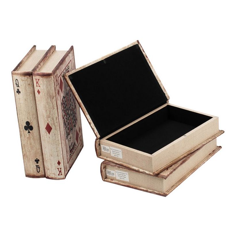 Assorted vintage book boxes set of 4, made of silk fabric and MDF, perfect for stylish organization and home decor.