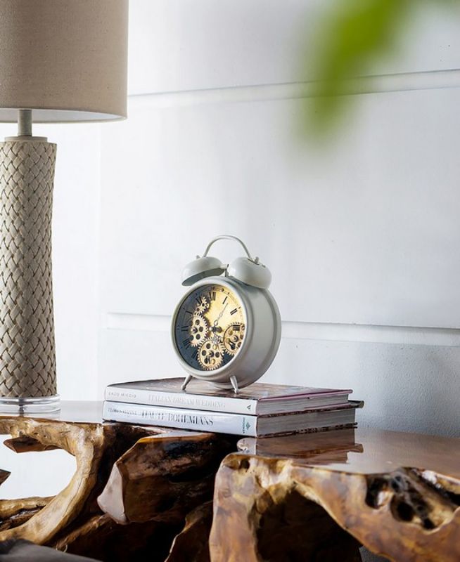 Industrial-style Hereford Table Clock with visible mechanical gears and sleek white finish, measuring 25.5cm.