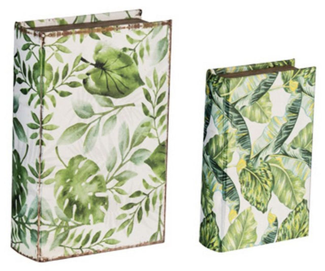 Stylish set of 2 botanical green and white book boxes with hidden storage, ideal for organizing and enhancing decor.