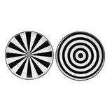 Set of 2 round black and white trays, 35cm, featuring bold patterns ideal for serving or displaying in stylish decor.