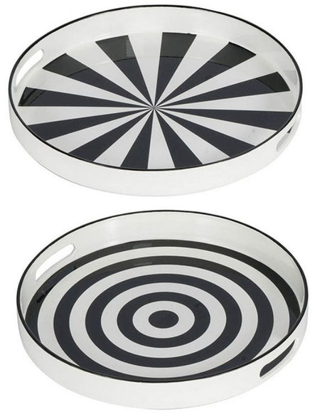 Set of 2 round black and white trays, 35cm, with dynamic patterns for stylish serving and display in any home decor.