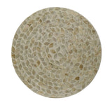 Geometric footstool with capiz inlay in tan and gold, serving as a stylish accent and functional side table.