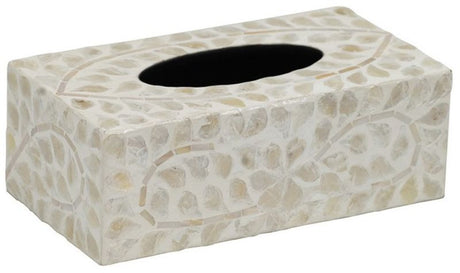 Elegant tissue box with capiz inlay and floral design, 23cm, enhances home decor while holding standard tissues.