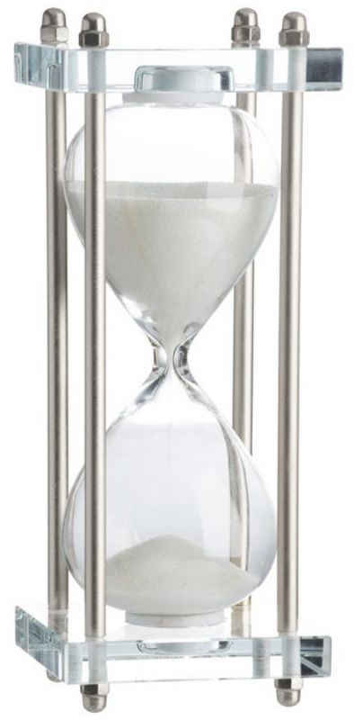 Sleek silver and white hourglass on a clear acrylic and gold stand, perfect for modern home decor and conversation starters.