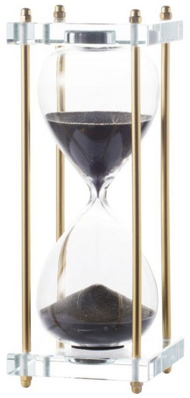 Elegant hourglass in black and brass, crafted from glass and crystal, perfect for enhancing contemporary decor.