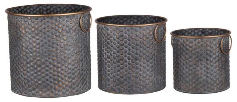 Set of 3 metal planter pots with copper band, ideal for indoor/outdoor use and versatile for various plant displays.