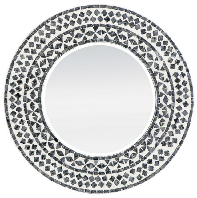 Iridescent 61cm round capiz mirror, perfect for coastal decor, adding elegance and light to any space.