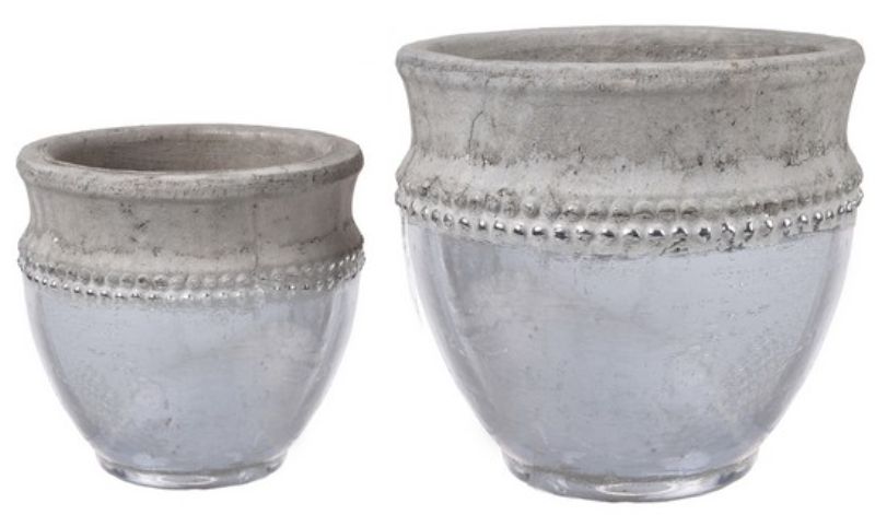 Set of 2 silver and stone planters, stylishly showcasing plants with durability and optimal drainage for modern decor.