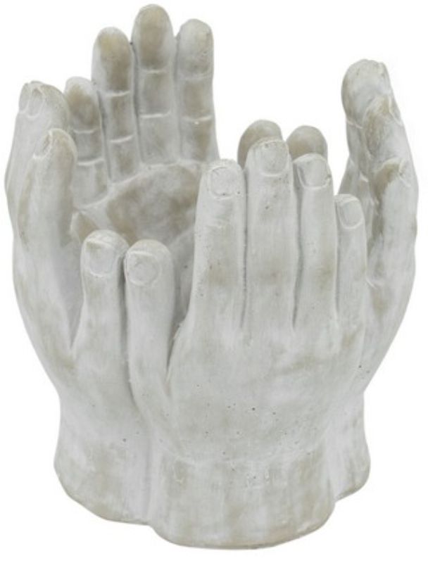 Concrete hand statue planter (42cm) designed for plants or storage, featuring artistic cupped hands in soft grey finish.