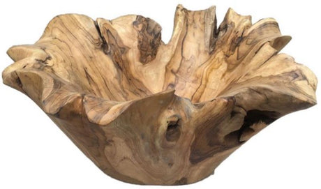 Organic teak bowl (35cm) showcasing unique grain, ideal for serving or as a decorative centerpiece, promoting eco-friendliness.