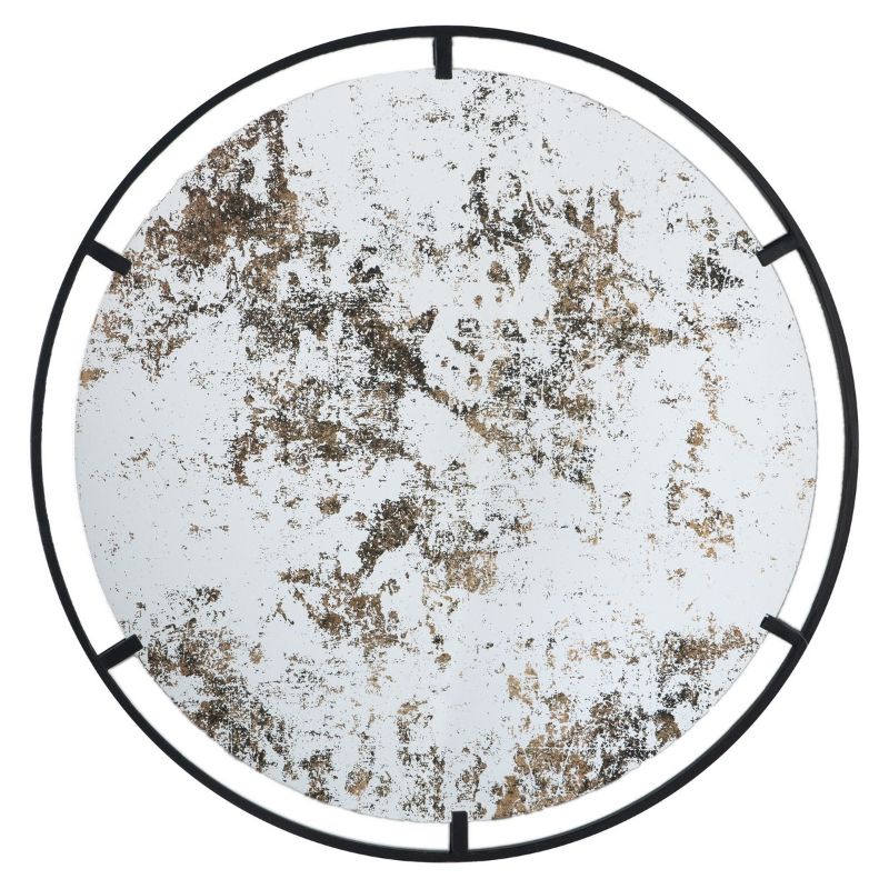 Round antique mirror with metal frame, 80cm, featuring an antiqued surface and industrial design for stylish home decor.