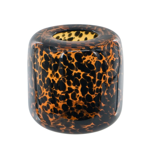 Handcrafted 20cm glass vase with a striking leopard print design in amber and black, perfect for decor or flower display.