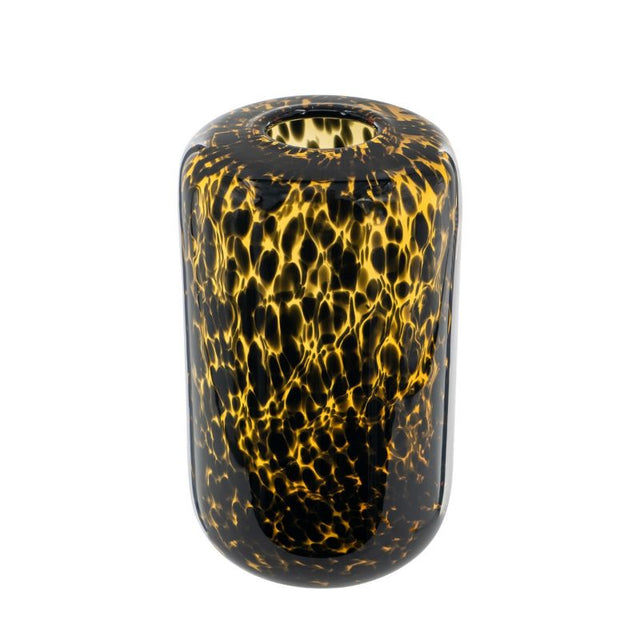 Handcrafted glass vase with leopard pattern and amber-black hues, perfect for modern home decor or as a centerpiece.