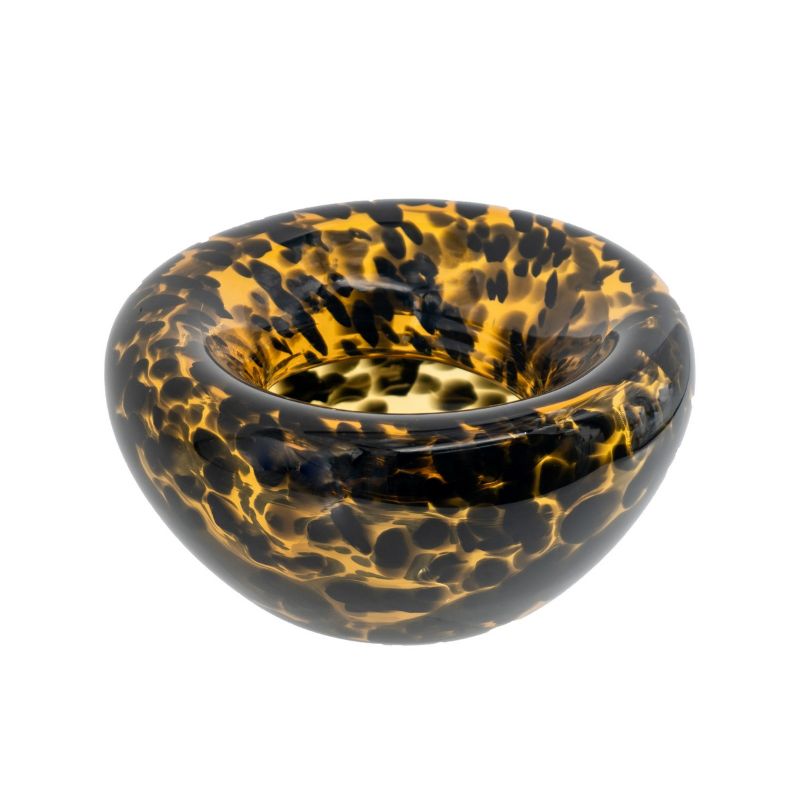 Elegant glass vase with a leopard-inspired pattern in amber and black hues, perfect for fresh flowers or as a decor statement.