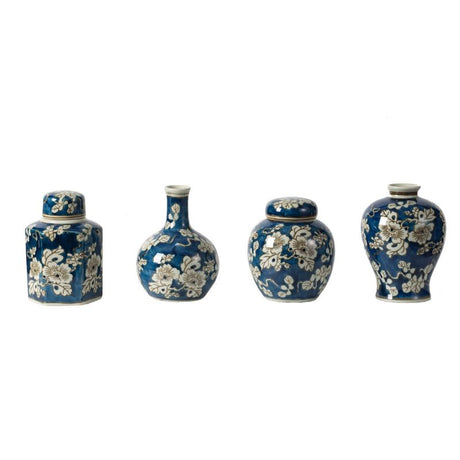 Elegant blue and white ceramic jar and vase set with floral design and gold accents, perfect for custom floral arrangements.