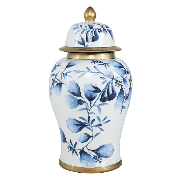 Handcrafted 45cm Floral Blue Ginger Jar with intricate floral pattern, ideal for home decor and storage.