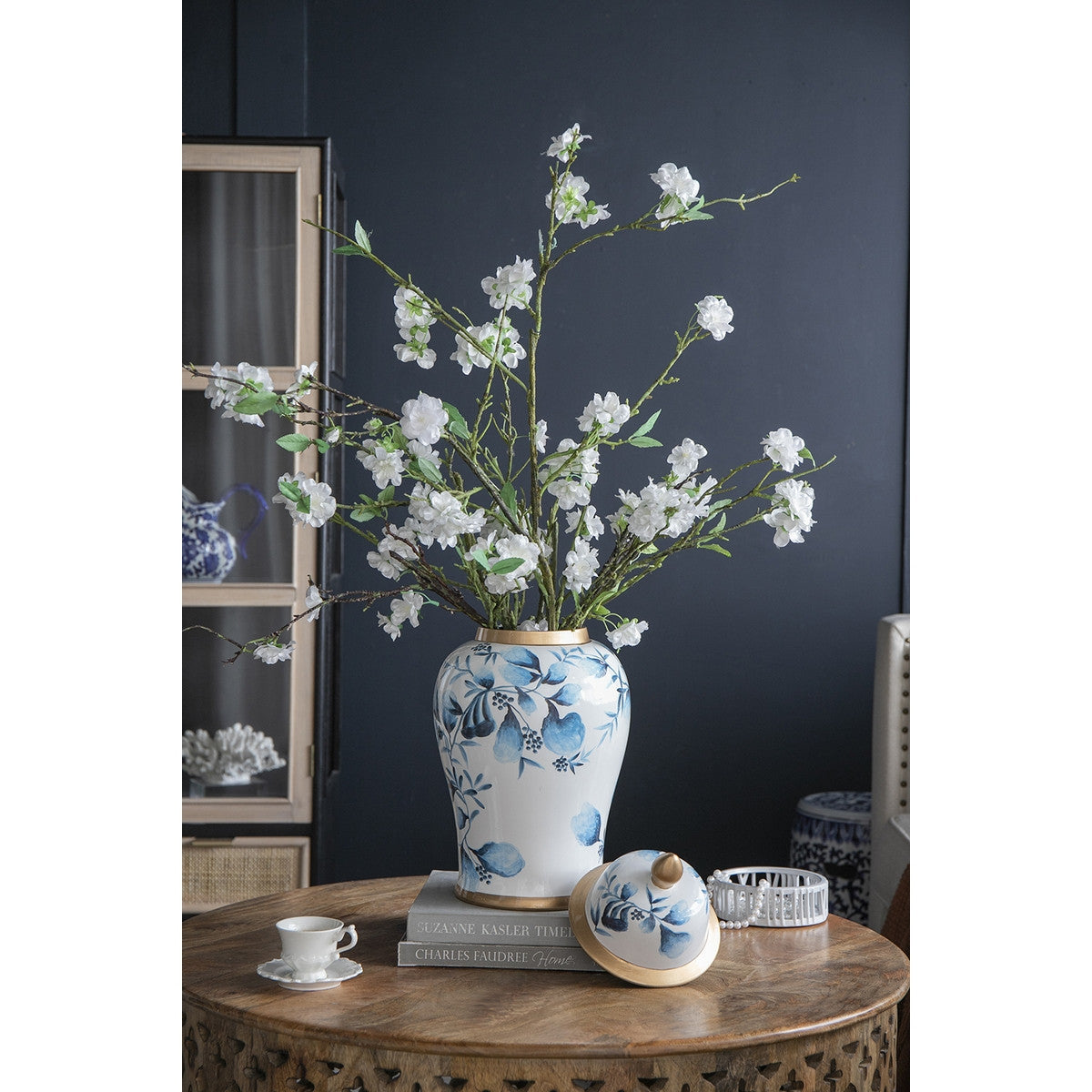 Floral Blue Ginger Jar, 45cm, handcrafted ceramic with intricate blue floral design, ideal for decor and storage.