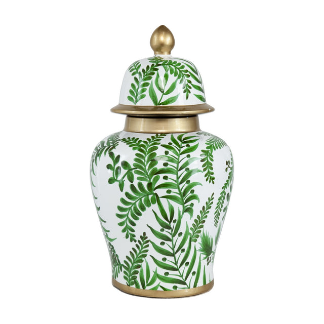 Elegant 35.5cm green ginger jar with intricate designs, perfect for decor or storage in various home styles.